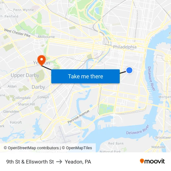 9th St & Ellsworth St to Yeadon, PA map