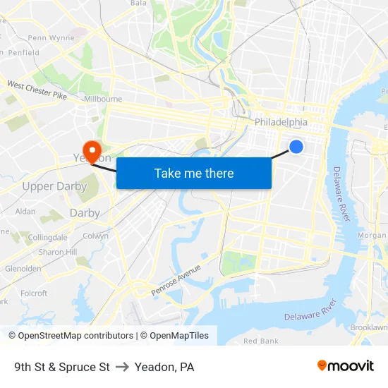 9th St & Spruce St to Yeadon, PA map