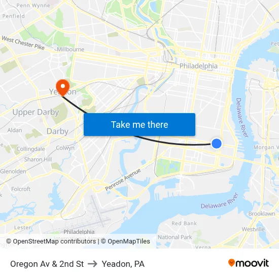 Oregon Av & 2nd St to Yeadon, PA map