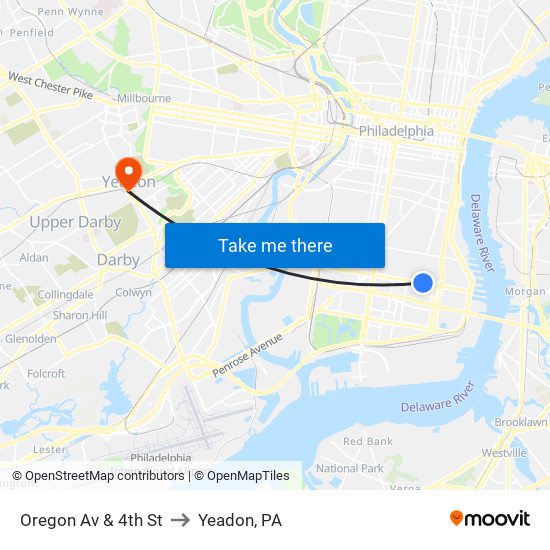 Oregon Av & 4th St to Yeadon, PA map