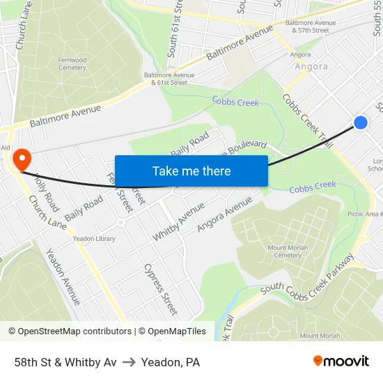 58th St & Whitby Av to Yeadon, PA map