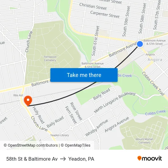 58th St & Baltimore Av to Yeadon, PA map