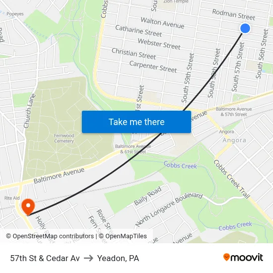 57th St & Cedar Av to Yeadon, PA map