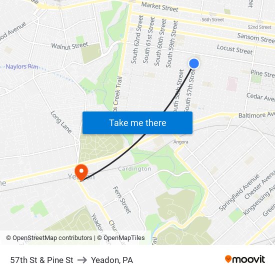 57th St & Pine St to Yeadon, PA map