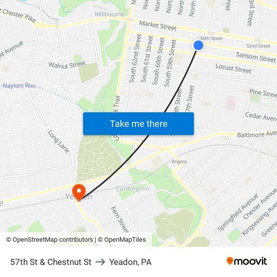 57th St & Chestnut St to Yeadon, PA map