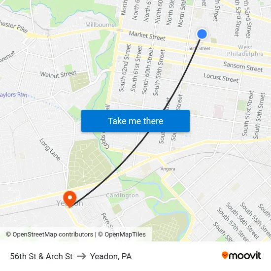 56th St & Arch St to Yeadon, PA map