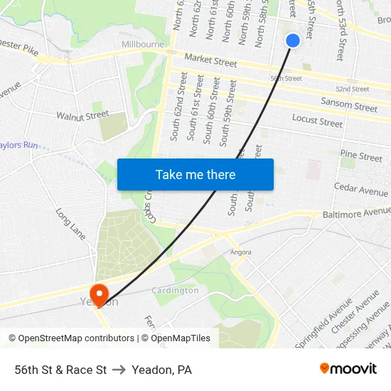 56th St & Race St to Yeadon, PA map