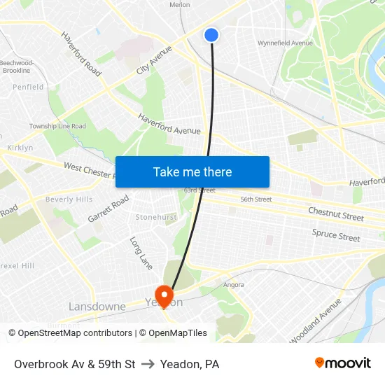 Overbrook Av & 59th St to Yeadon, PA map
