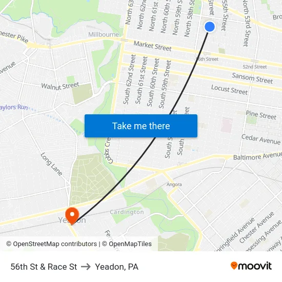 56th St & Race St to Yeadon, PA map