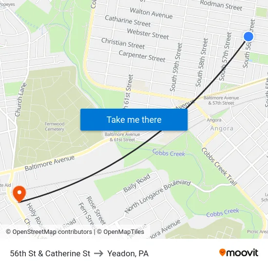 56th St & Catherine St to Yeadon, PA map