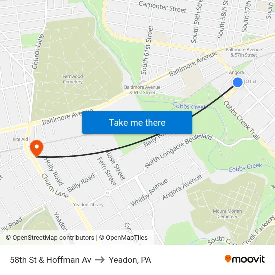 58th St & Hoffman Av to Yeadon, PA map