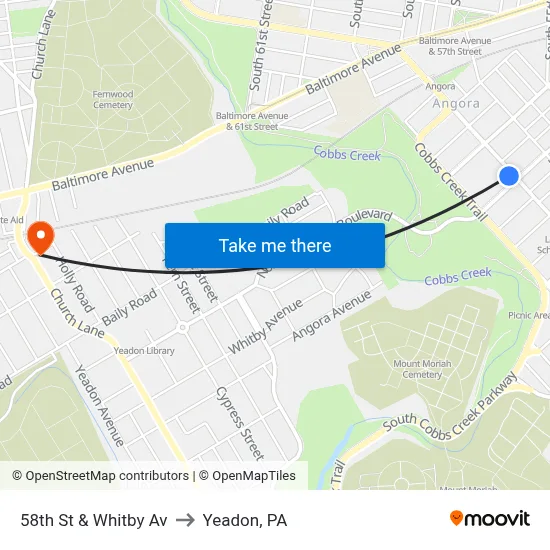 58th St & Whitby Av to Yeadon, PA map