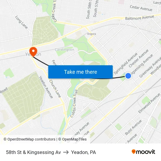 58th St & Kingsessing Av to Yeadon, PA map