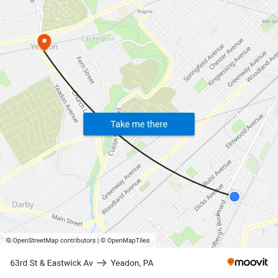 63rd St & Eastwick Av to Yeadon, PA map