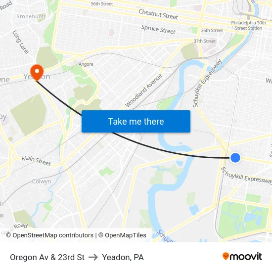 Oregon Av & 23rd St to Yeadon, PA map