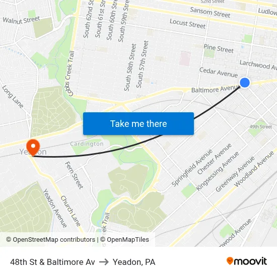 48th St & Baltimore Av to Yeadon, PA map