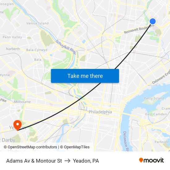 Adams Av & Montour St to Yeadon, PA map