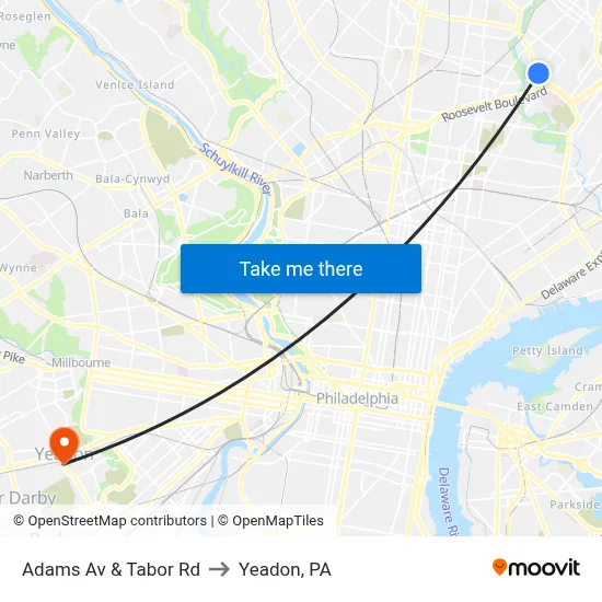Adams Av & Tabor Rd to Yeadon, PA map