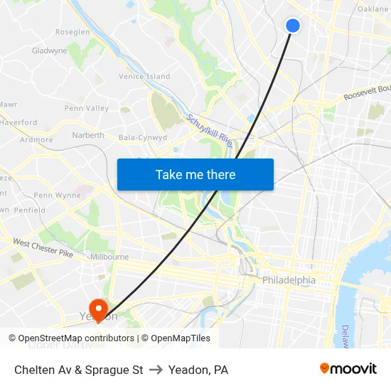 Chelten Av & Sprague St to Yeadon, PA map