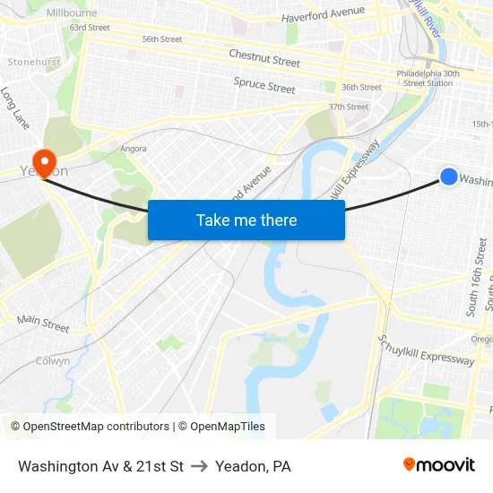 Washington Av & 21st St to Yeadon, PA map