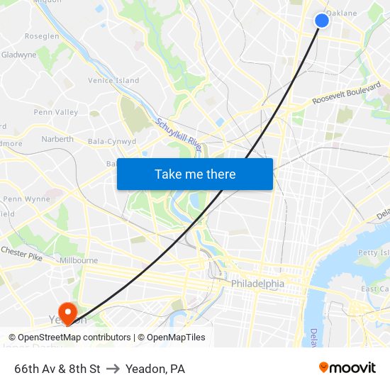 66th Av & 8th St to Yeadon, PA map