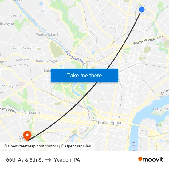 66th Av & 5th St to Yeadon, PA map