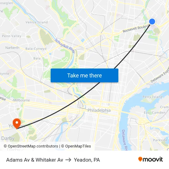 Adams Av & Whitaker Av to Yeadon, PA map