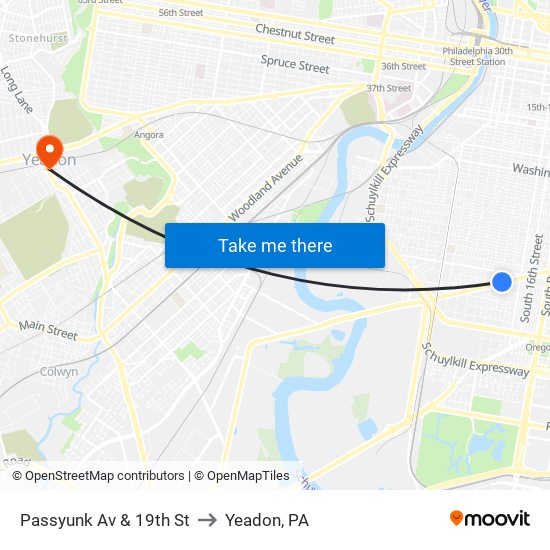 Passyunk Av & 19th St to Yeadon, PA map