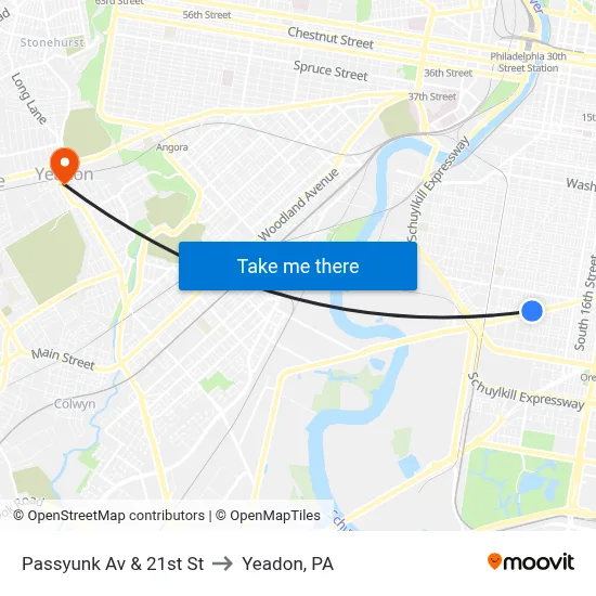 Passyunk Av & 21st St to Yeadon, PA map