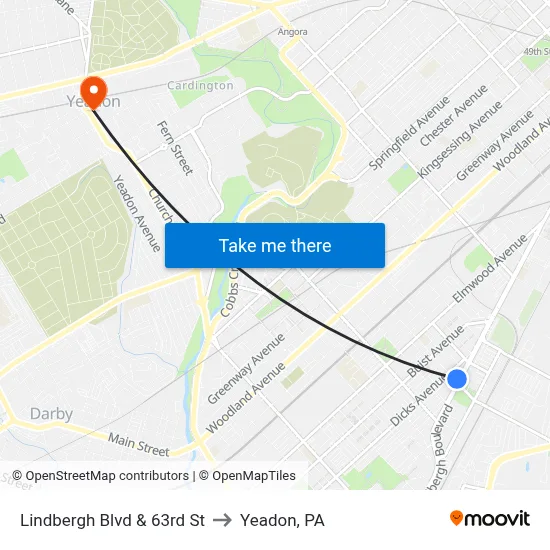 Lindbergh Blvd & 63rd St to Yeadon, PA map