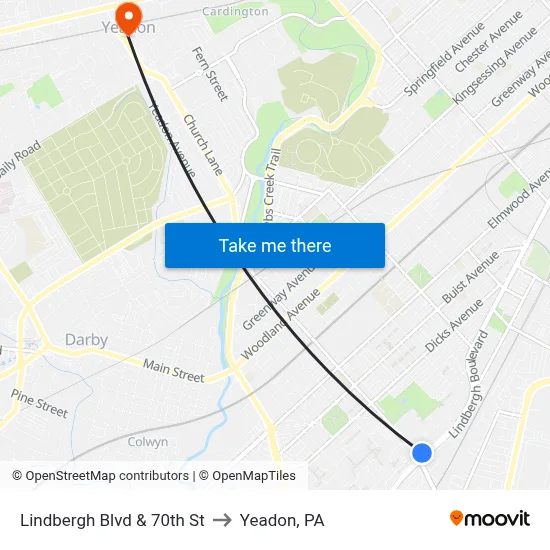 Lindbergh Blvd & 70th St to Yeadon, PA map