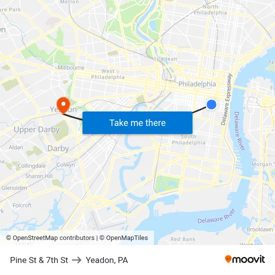 Pine St & 7th St to Yeadon, PA map