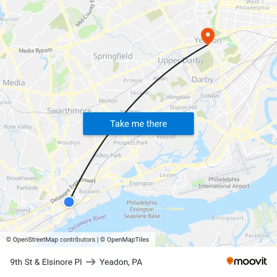 9th St & Elsinore Pl to Yeadon, PA map