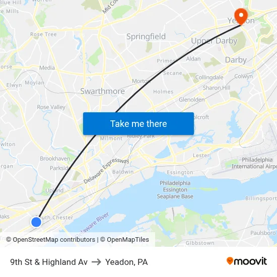 9th St & Highland Av to Yeadon, PA map