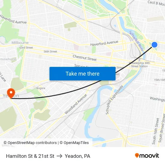 Hamilton St & 21st St to Yeadon, PA map