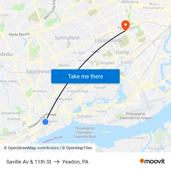 Saville Av & 11th St to Yeadon, PA map