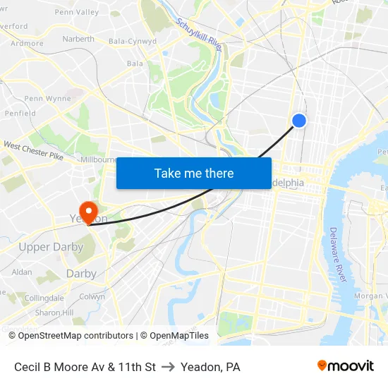 Cecil B Moore Av & 11th St to Yeadon, PA map