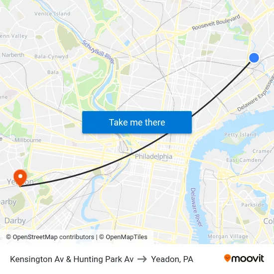Kensington Av & Hunting Park Av to Yeadon, PA map