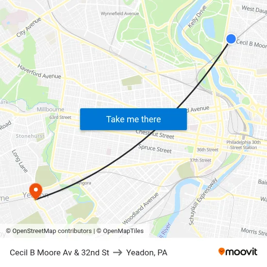 Cecil B Moore Av & 32nd St to Yeadon, PA map