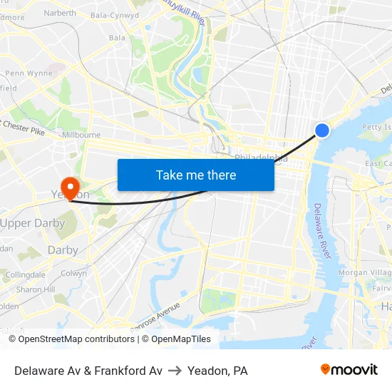 Delaware Av & Frankford Av to Yeadon, PA map