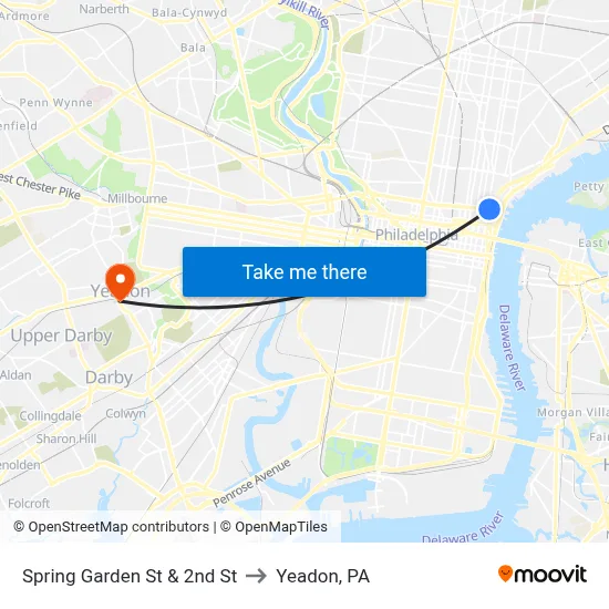 Spring Garden St & 2nd St to Yeadon, PA map