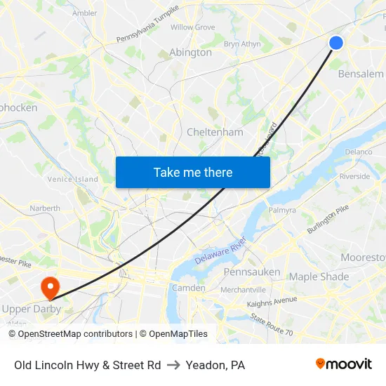 Old Lincoln Hwy & Street Rd to Yeadon, PA map