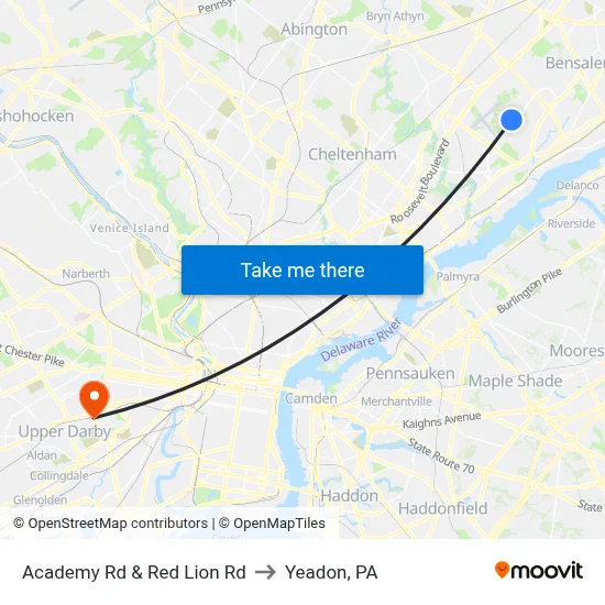 Academy Rd & Red Lion Rd to Yeadon, PA map
