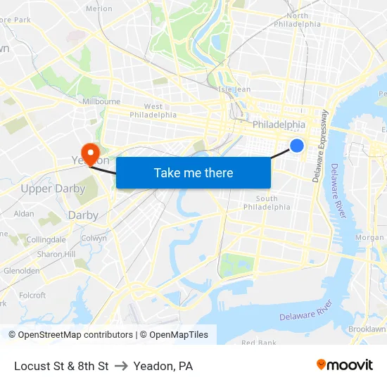 Locust St & 8th St to Yeadon, PA map