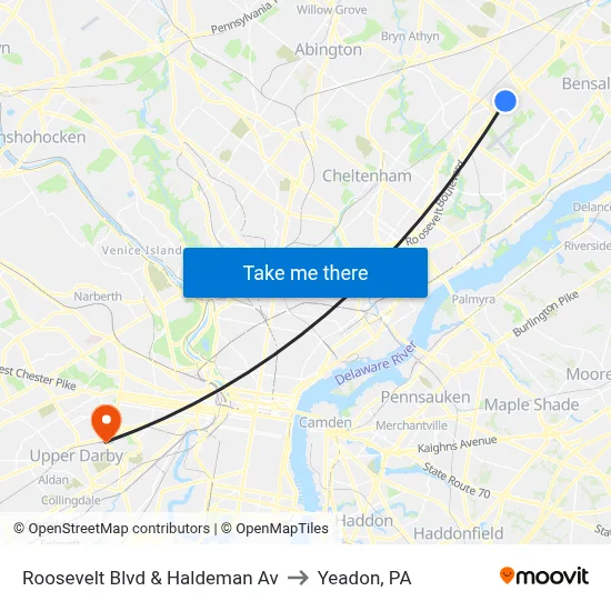 Roosevelt Blvd & Haldeman Av to Yeadon, PA map