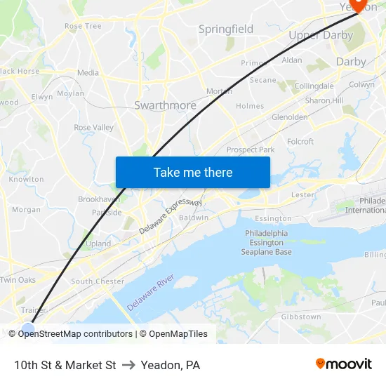 10th St & Market St to Yeadon, PA map