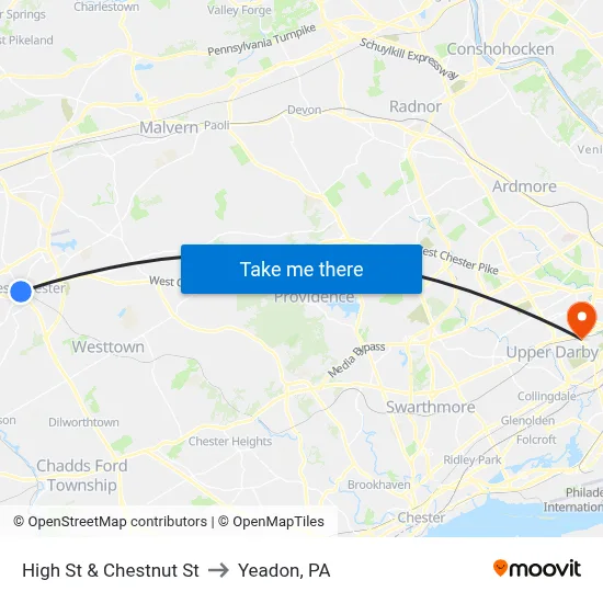 High St & Chestnut St to Yeadon, PA map