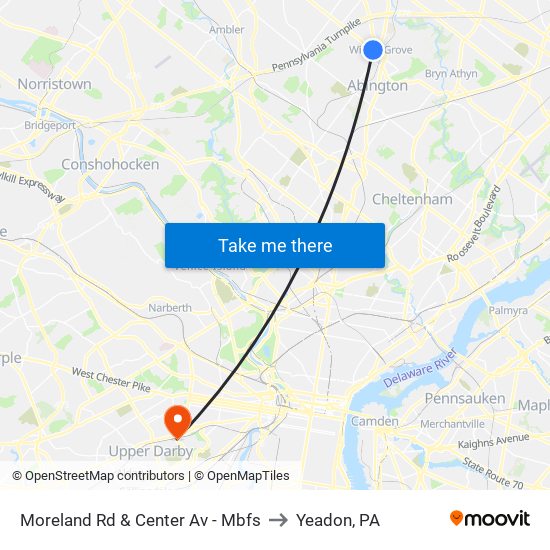 Moreland Rd & Center Av - Mbfs to Yeadon, PA map