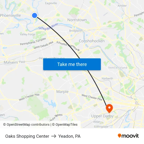 Oaks Shopping Center to Yeadon, PA map