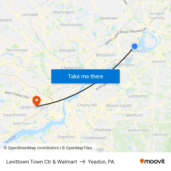 Levittown Town Ctr & Walmart to Yeadon, PA map